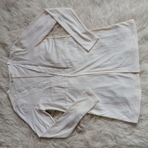 Altar'd State Cream Ivory Open Front Crochet Trim Longline Thin Knit Cardigan